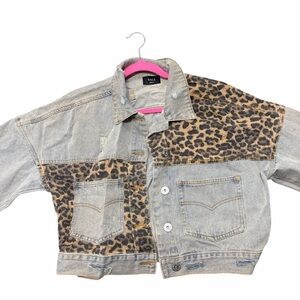 VICI Patchwork Leopard Denim Cropped Jacket Distressed Small